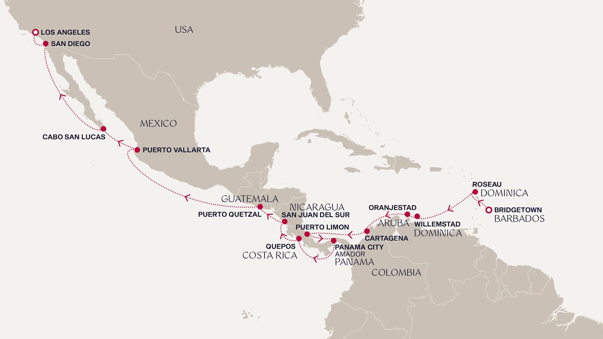 An Extended Journey to the Sunny Caribbean and Golden California Itinerary Map