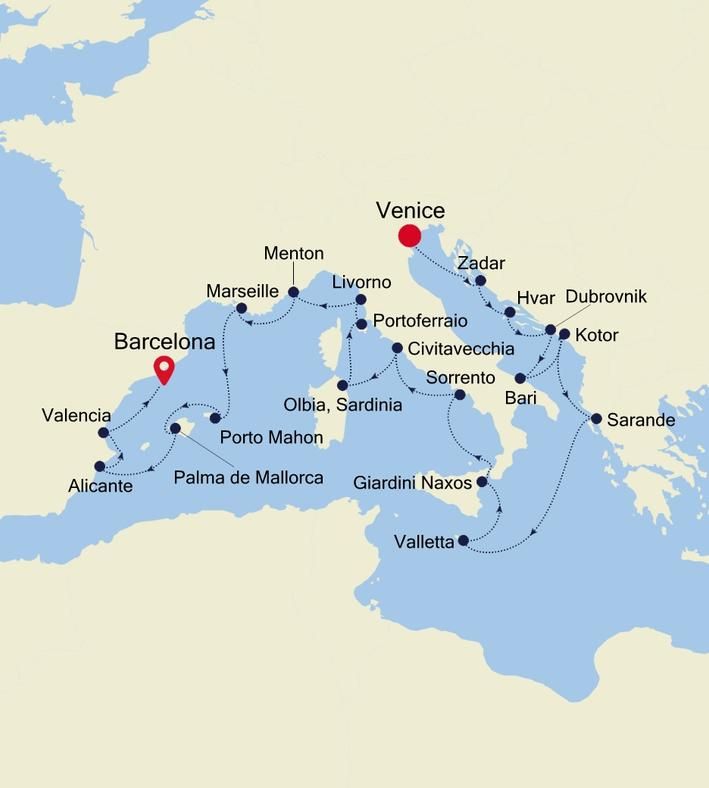 Special Voyage: Venice to Barcelona Itinerary Map