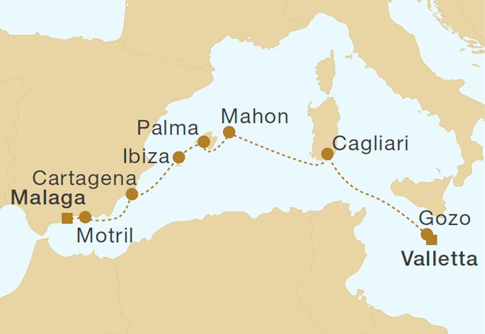 Malta, Balearics & Spain 10 Nights Itinerary Map