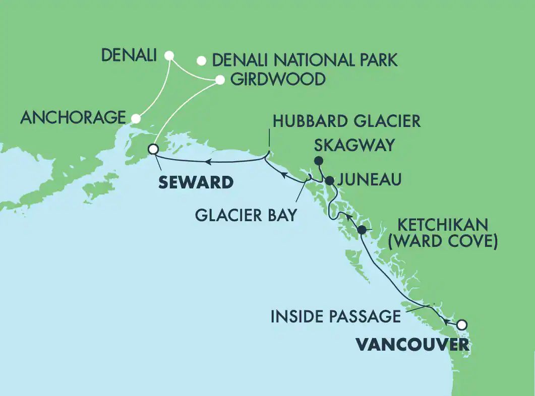 Denali-Alyeska Explorer - Northbound Cruisetour from Vancouver, British Columbia Itinerary Map