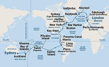 54-Day World Cruise Liner - London (Dover) to Sydney Itinerary Map