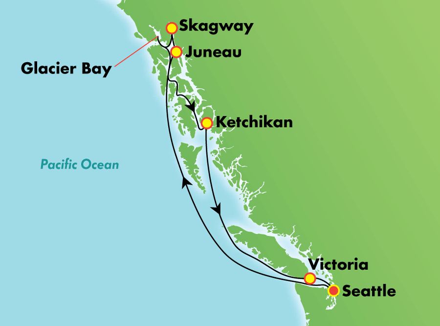 7-day Cruise to Alaska: Glacier Bay, Skagway & Juneau from Seattle, Washington on Norwegian Bliss Itinerary Map