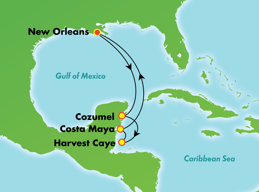 7-day Cruise to Caribbean: Harvest Caye, Cozumel & Roatan from New Orleans, Louisiana on Norwegian Breakaway Itinerary Map