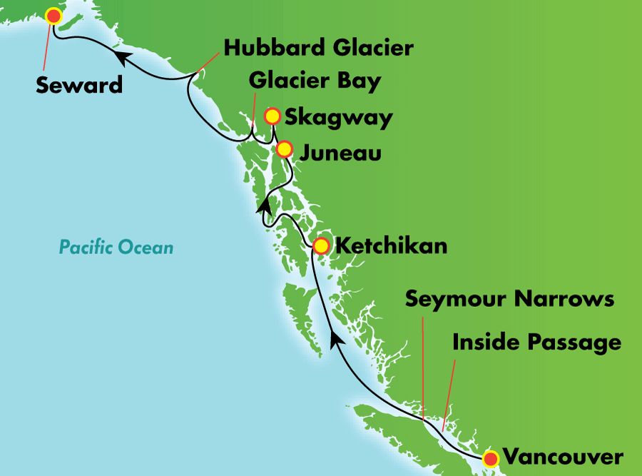14-Day Authentic Alaska - Northbound Cruisetour Itinerary Map