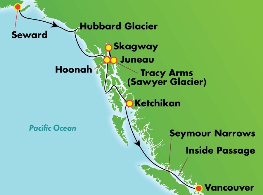 7-Day Alaska with Inside Passage from Seward (Southbound) Itinerary Map